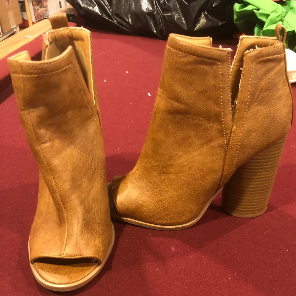 Camel peep toe booties